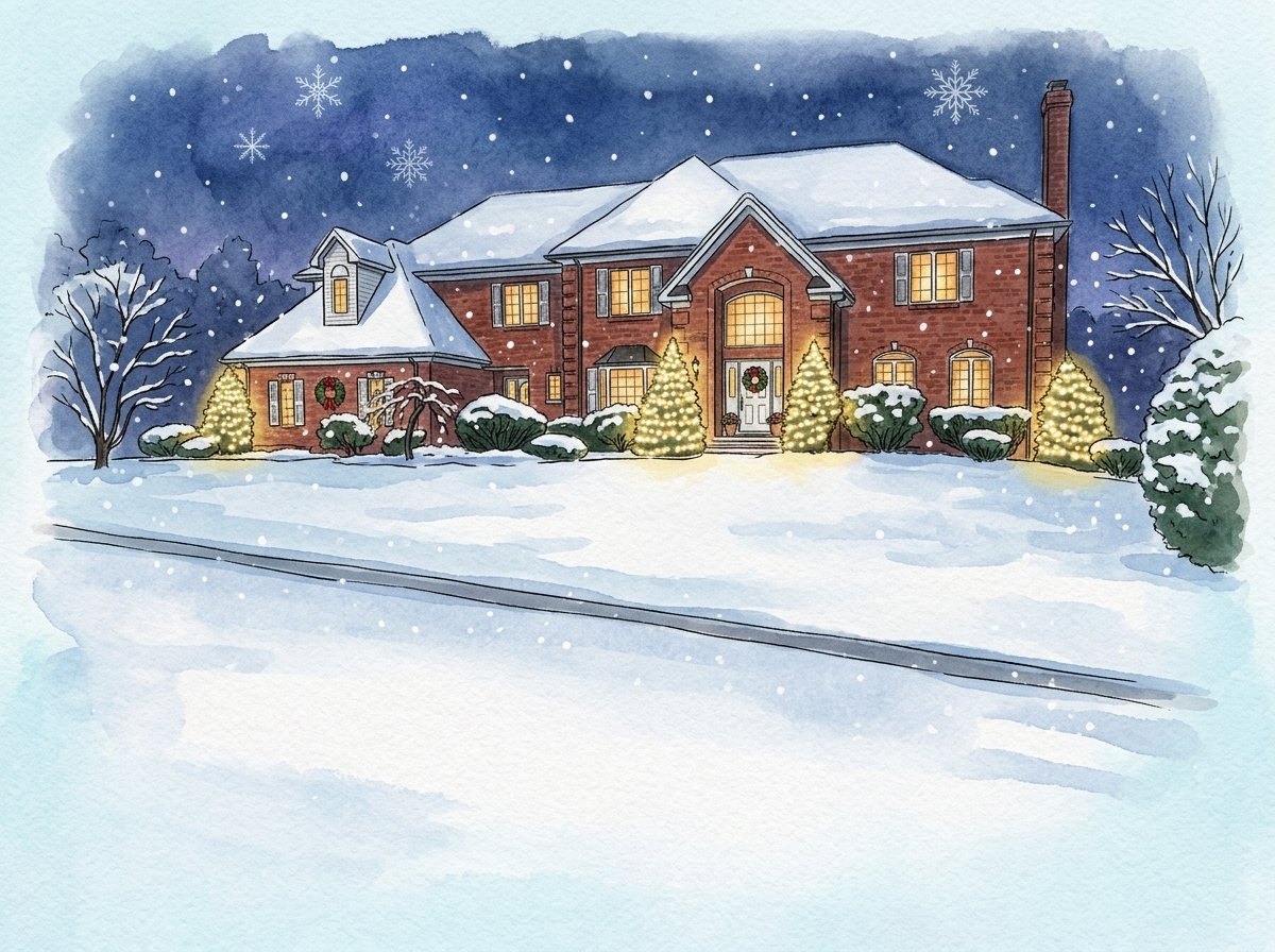 Storybook painting of a brick colonial with lit trees glowing with Christmas lights