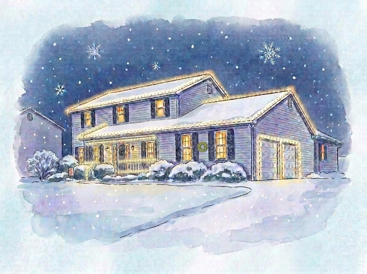 Storybook painting of a colonial with a front porch glowing with Christmas lights