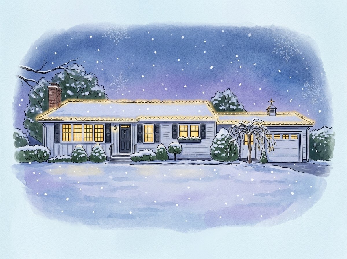 Storybook painting of a ranch house glowing with Christmas lights