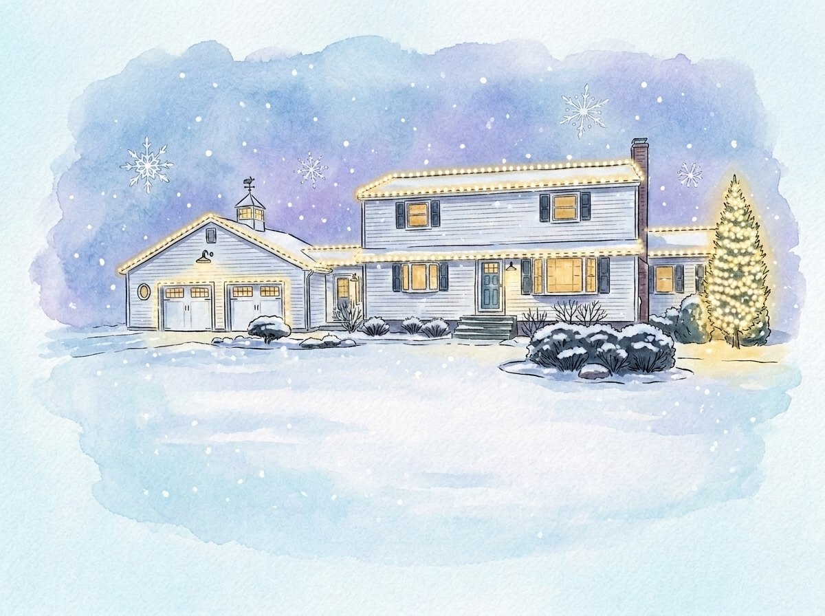 Storybook painting of a colonial with a tall lit evergreen glowing with Christmas lights