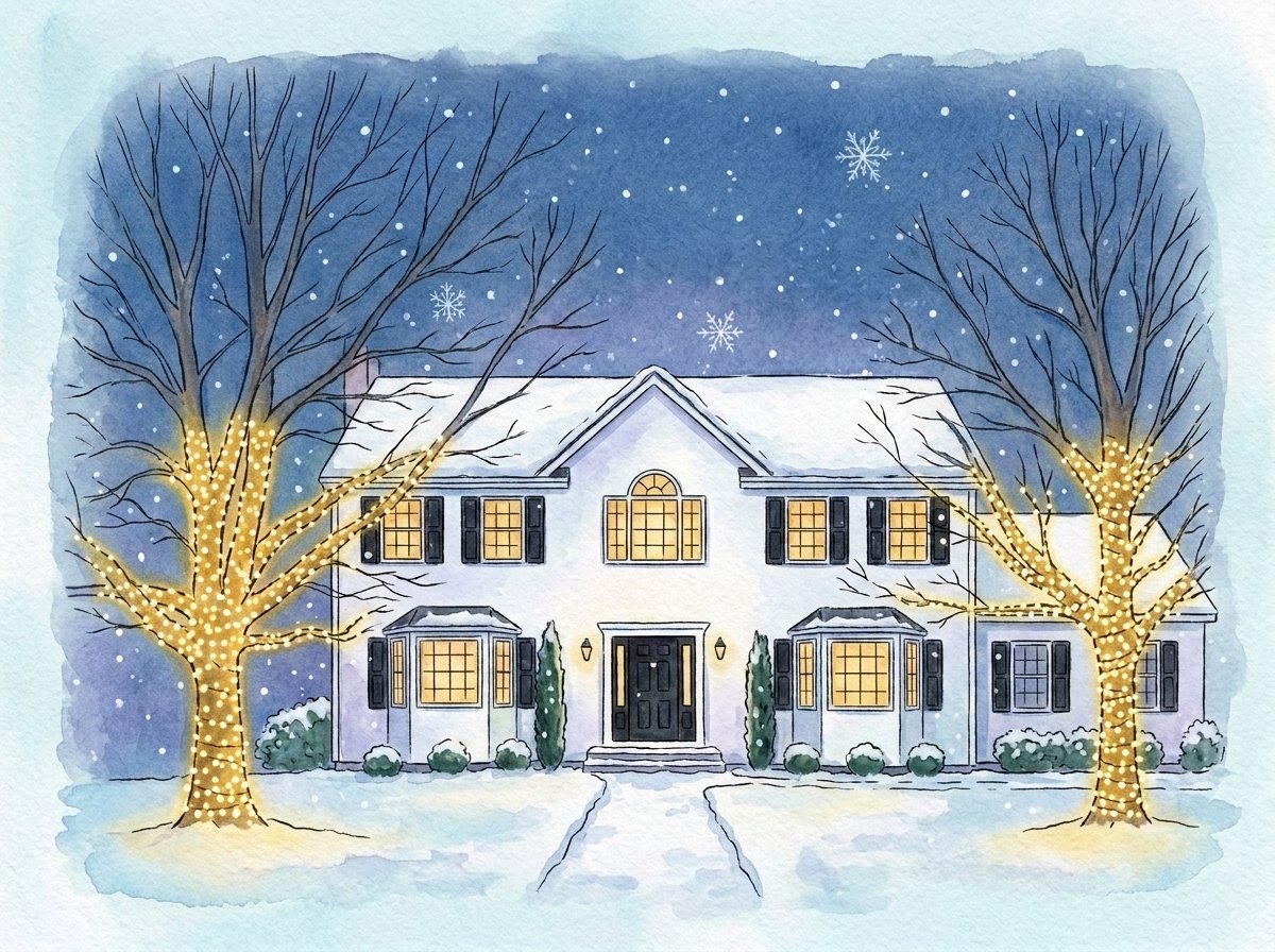 Storybook painting of a white colonial framed by two light-wrapped trees glowing with Christmas lights