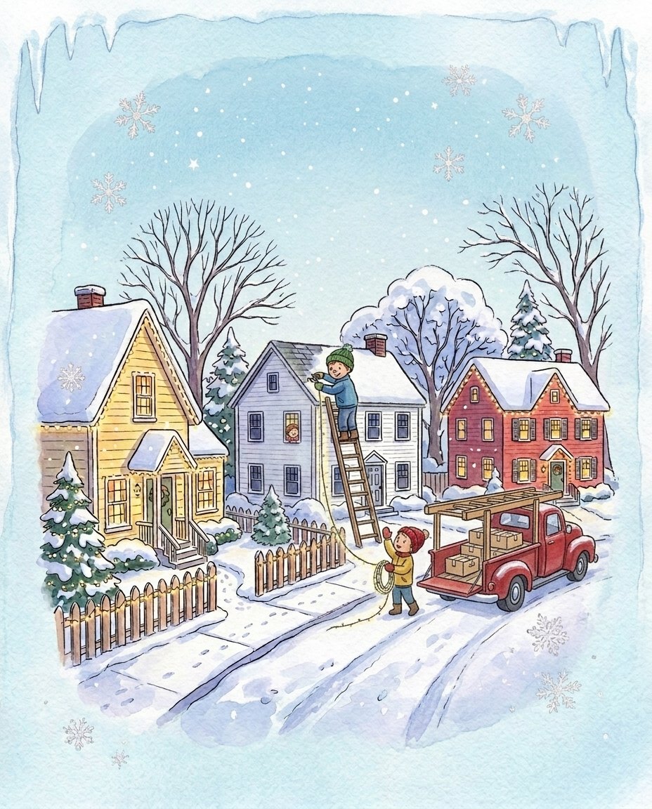 Storybook illustration of two brothers hanging Christmas lights on a roofline from a ladder, with a red truck in the driveway