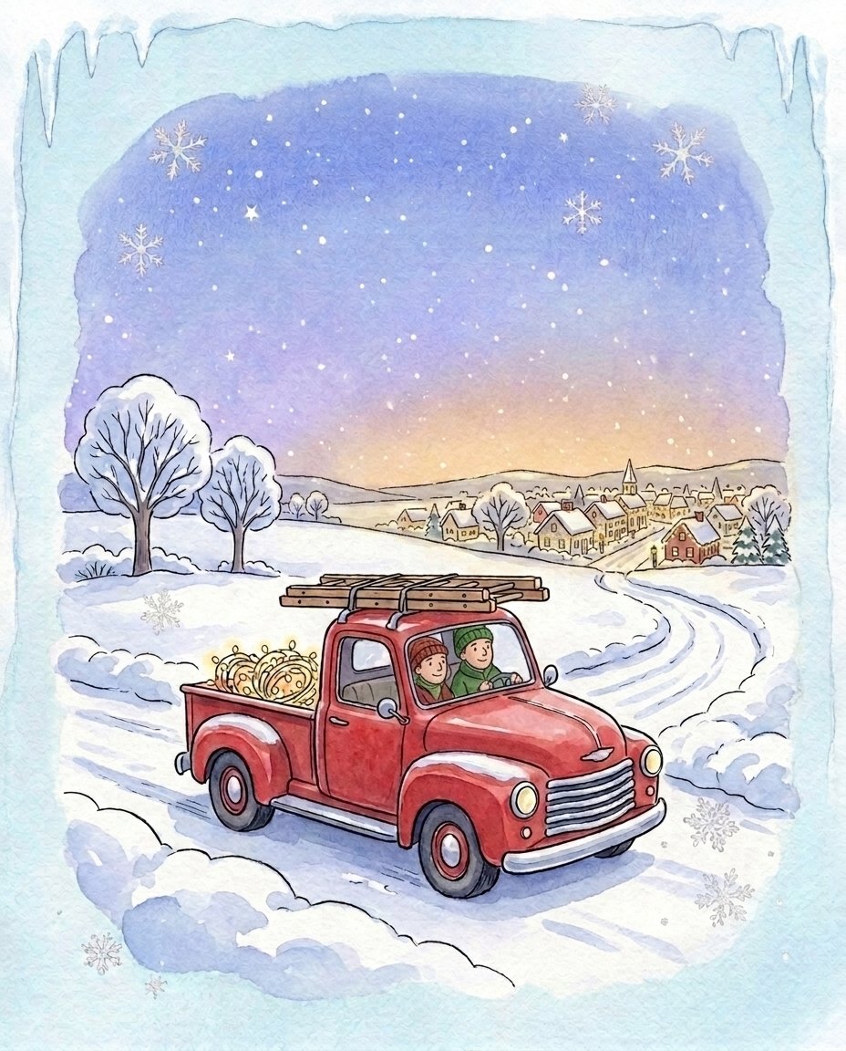 Storybook illustration of a red pickup truck carrying a ladder and boxes of Christmas lights toward a glowing town