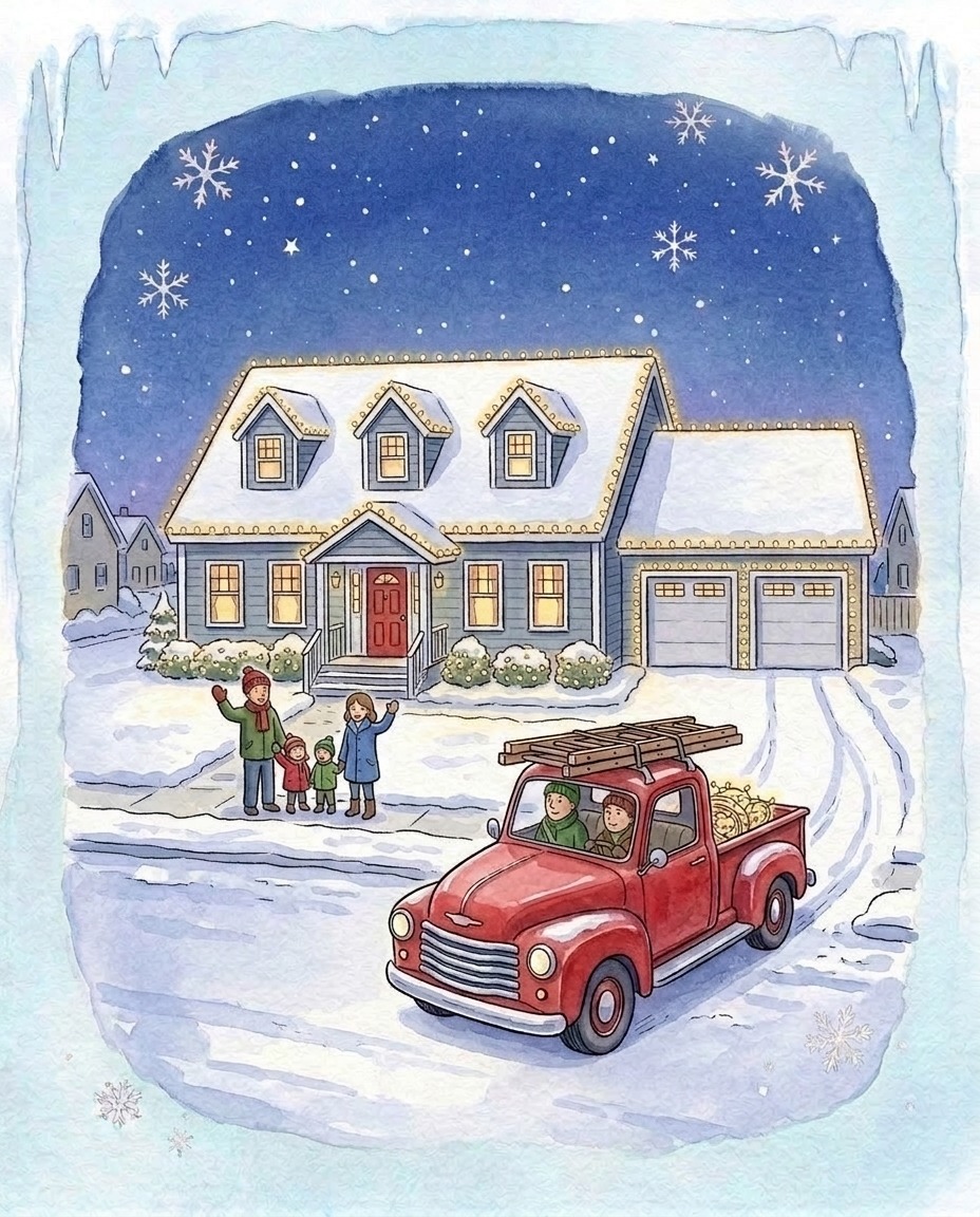 Storybook illustration of a family waving from the front walk of their Cape house, glowing with warm white Christmas lights, as the red Light Joy truck pulls out of the driveway