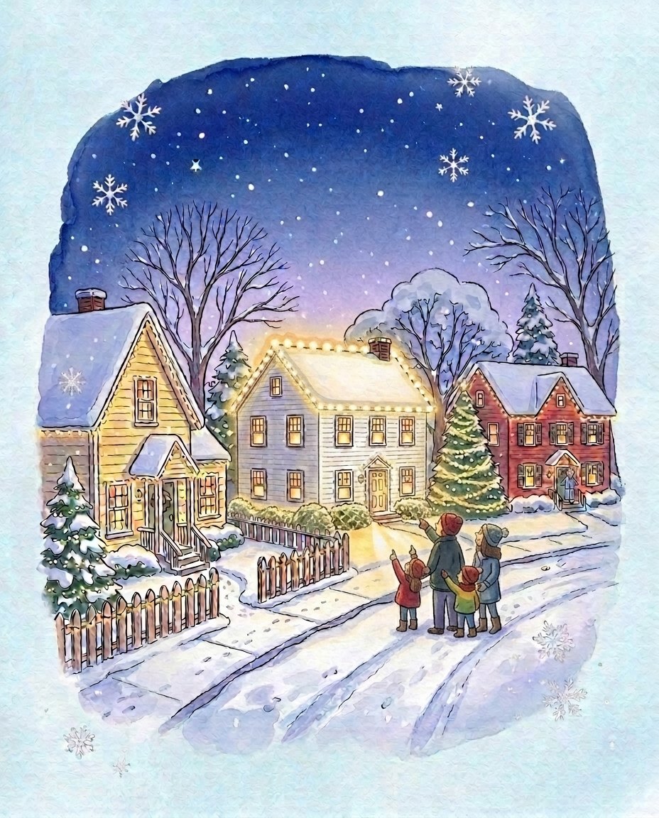Storybook illustration of a family pointing up at their street glowing with warm white Christmas lights
