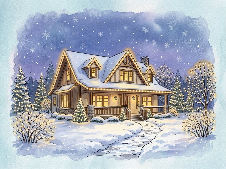 Storybook illustration of a community clubhouse with its roofline traced in warm white Christmas lights