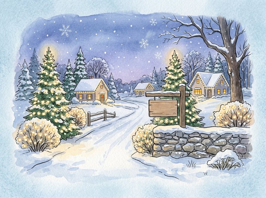 Storybook illustration of a neighborhood entrance with a stone wall and trees and shrubs wrapped in warm white Christmas lights