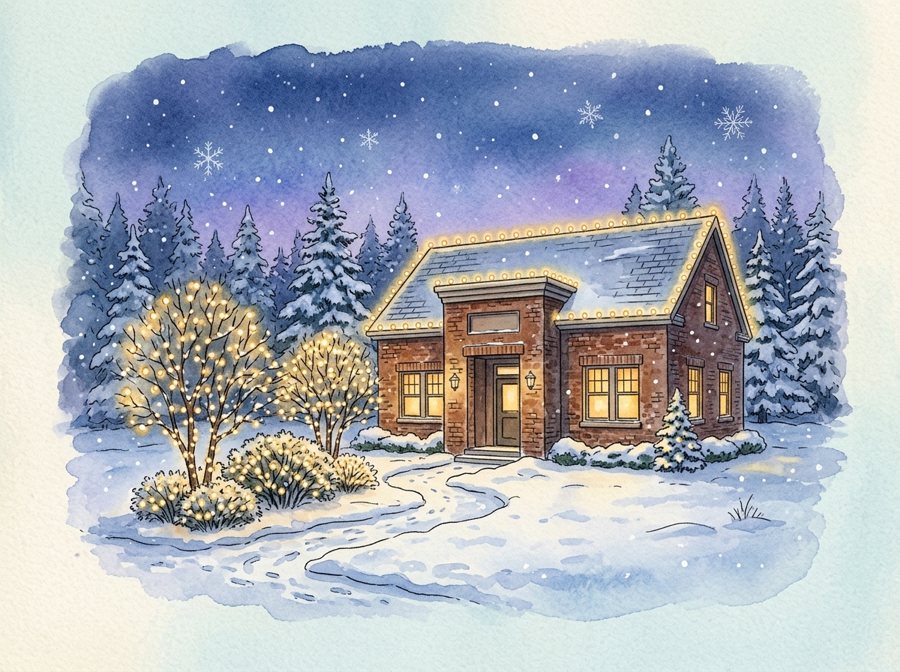 Storybook illustration of a small brick office building with a lit roofline and lit trees