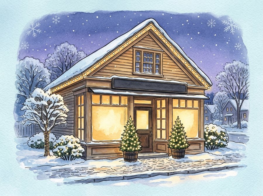 Storybook illustration of a small storefront with a lit roofline and lit trees by the door