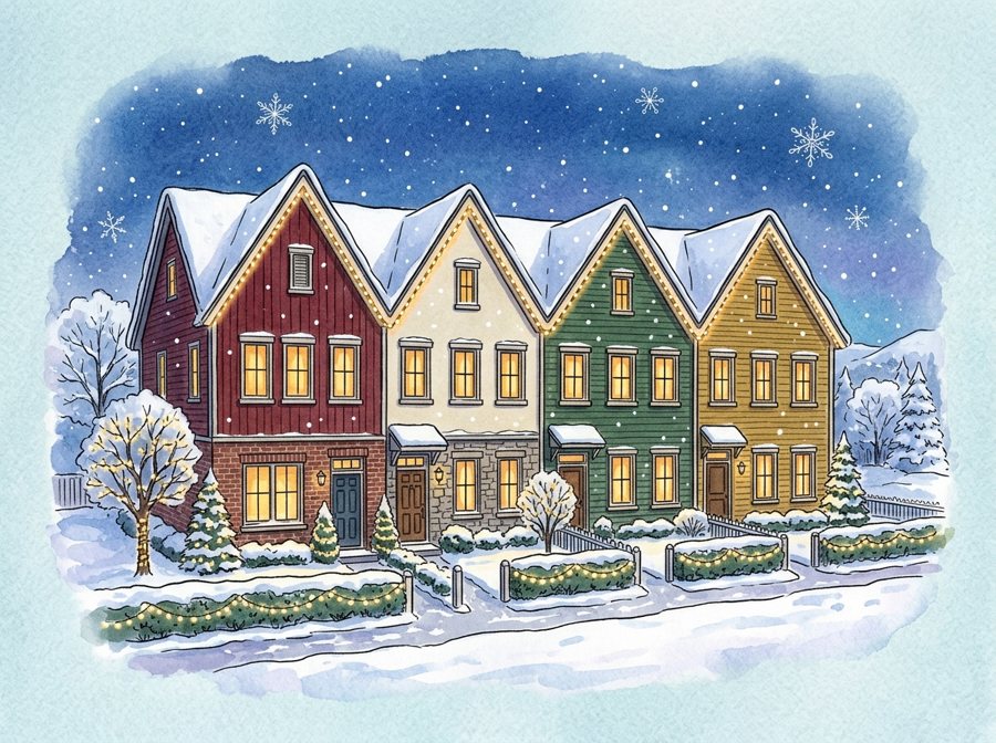 Storybook illustration of a row of townhomes with matching warm white rooflines